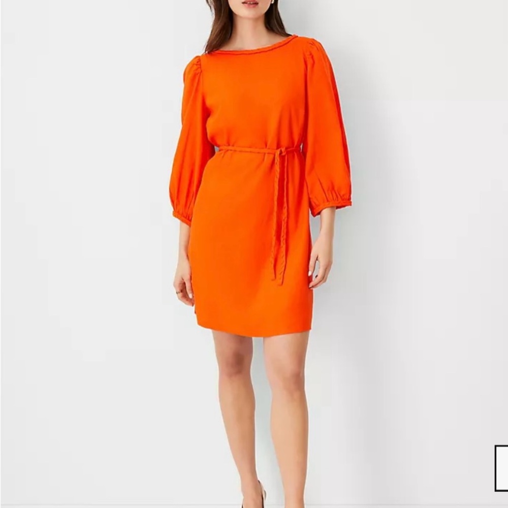 Ann Taylor Linen Blend Puff Sleeve Belted Shift Dress